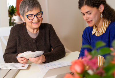 Interior designer helping client in home