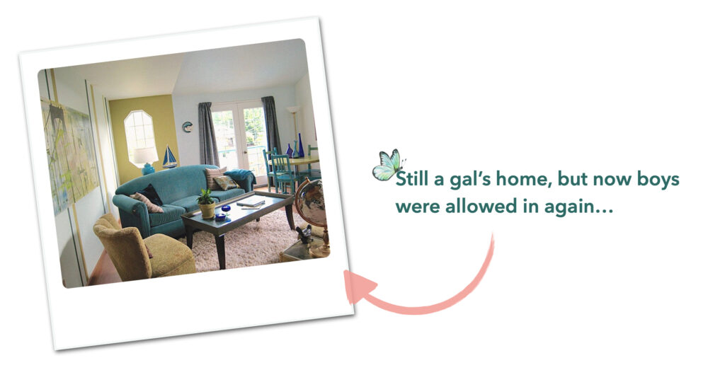 A photo of the living room with updated paint colors again and some new furniture, alongside the text, "Still a gal's home, but now boys were allowed in again..."