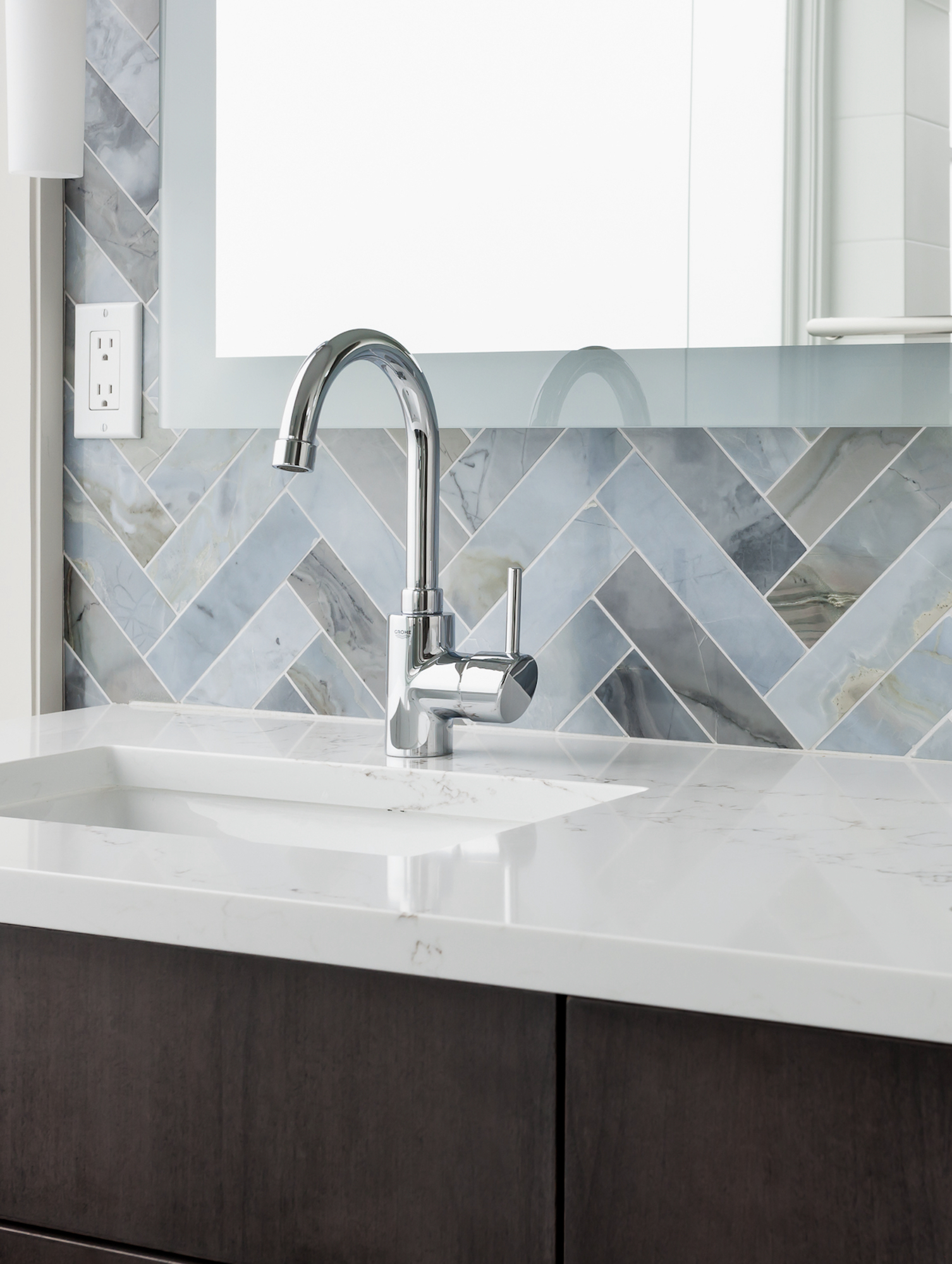 Blue Marble Herringbone Backsplash Detail Seriously Happy Bathroom