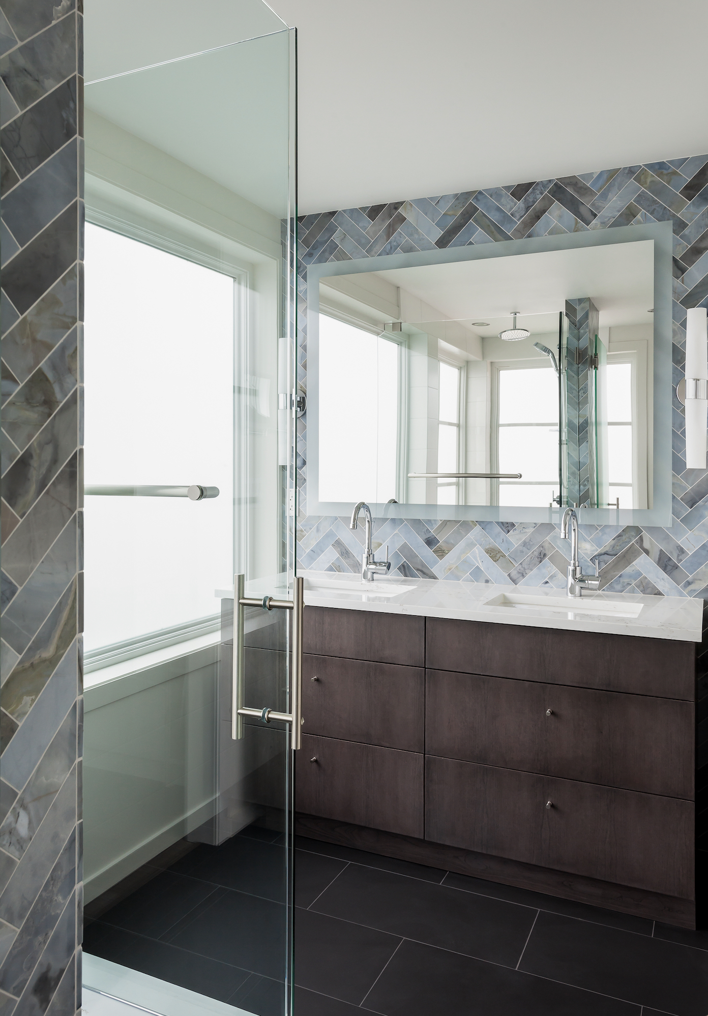 Blue Marble Herringbone Tile Seriously Happy Bathroom