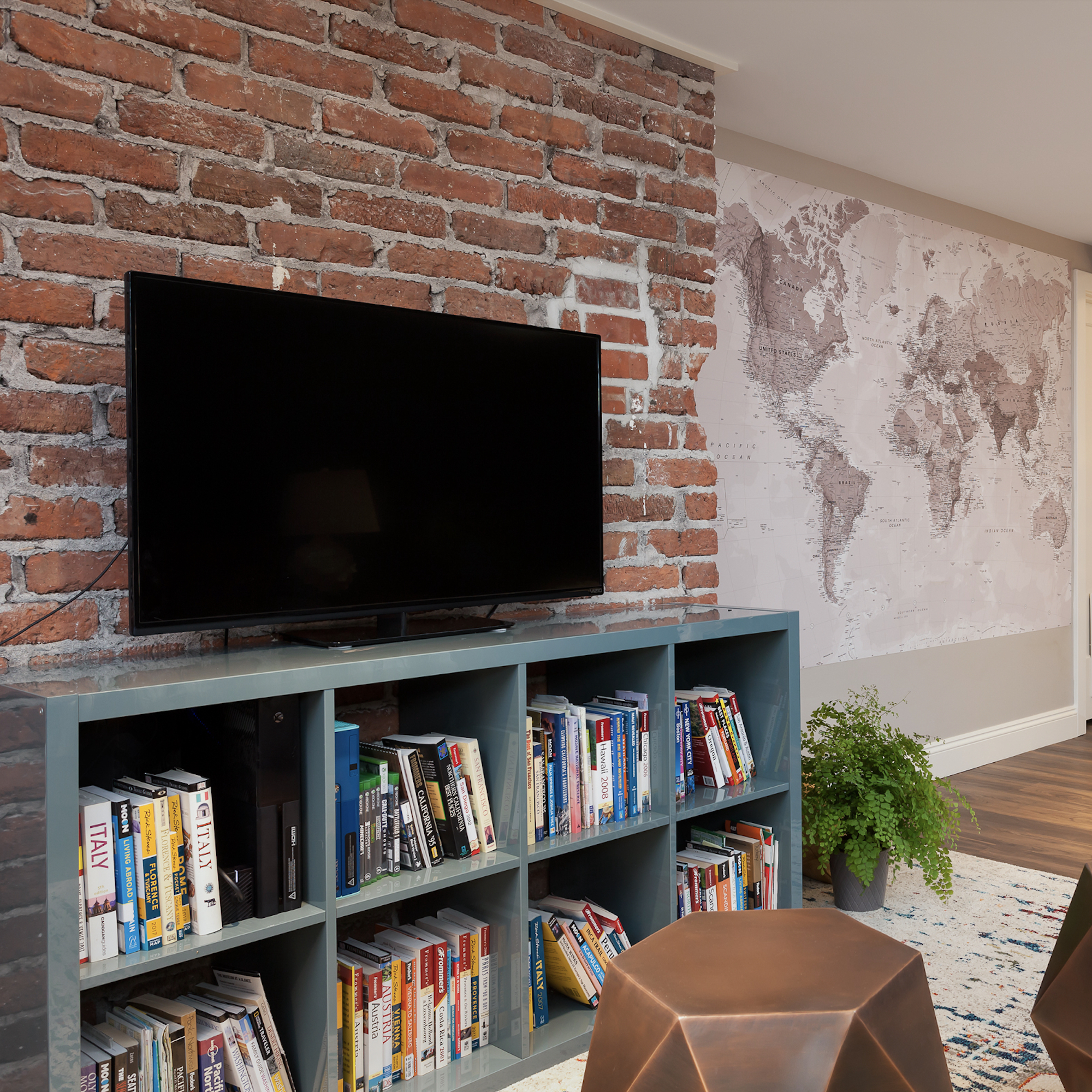 Brick Wall TV Feature Wall World Map Seriously Happy TV Room