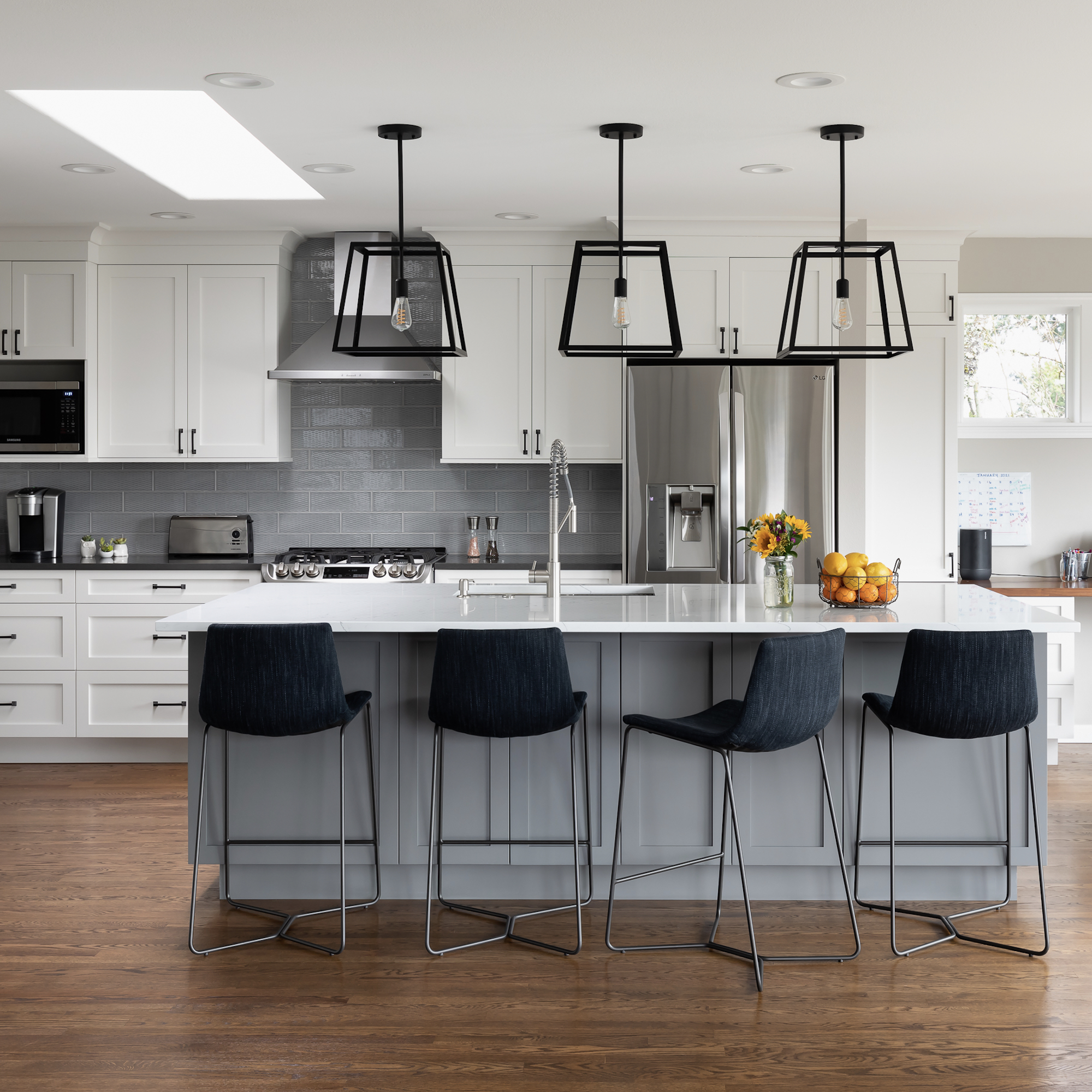 Grey Island Cage Pendant Lights Seriously Happy Transitional Kitchen Remodel