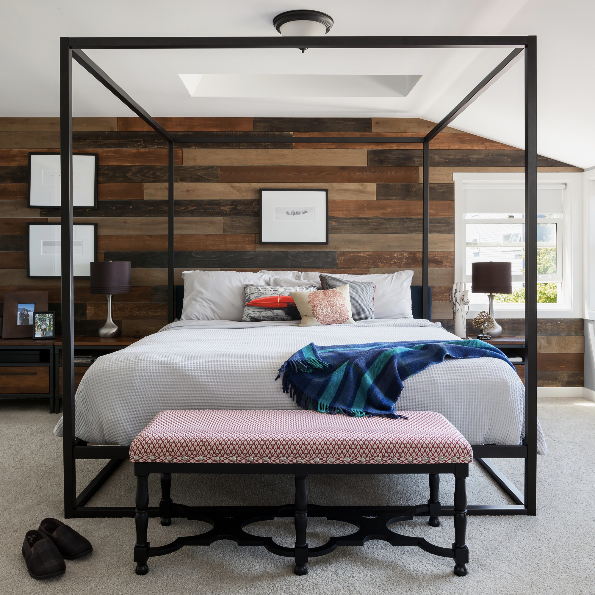 Modern Canopy Bed Wood Accent Wall Seriously Happy Master Bedroom