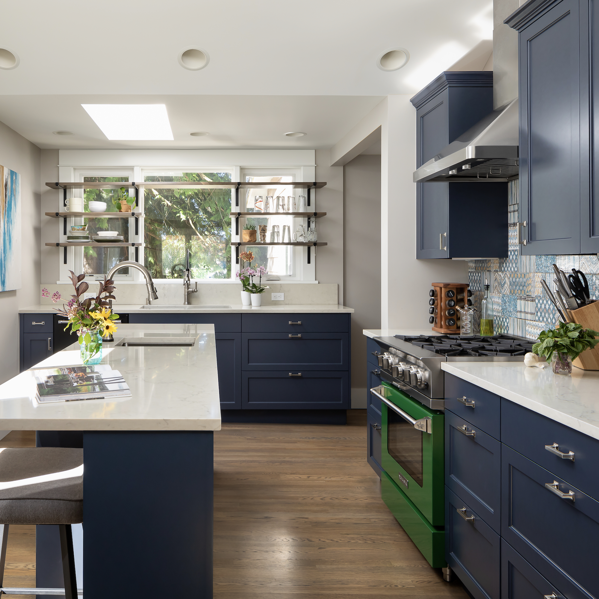 Navy Blue Shaker Cabinets White Counters Green Colorful Oven Happy Kitchen Remodel