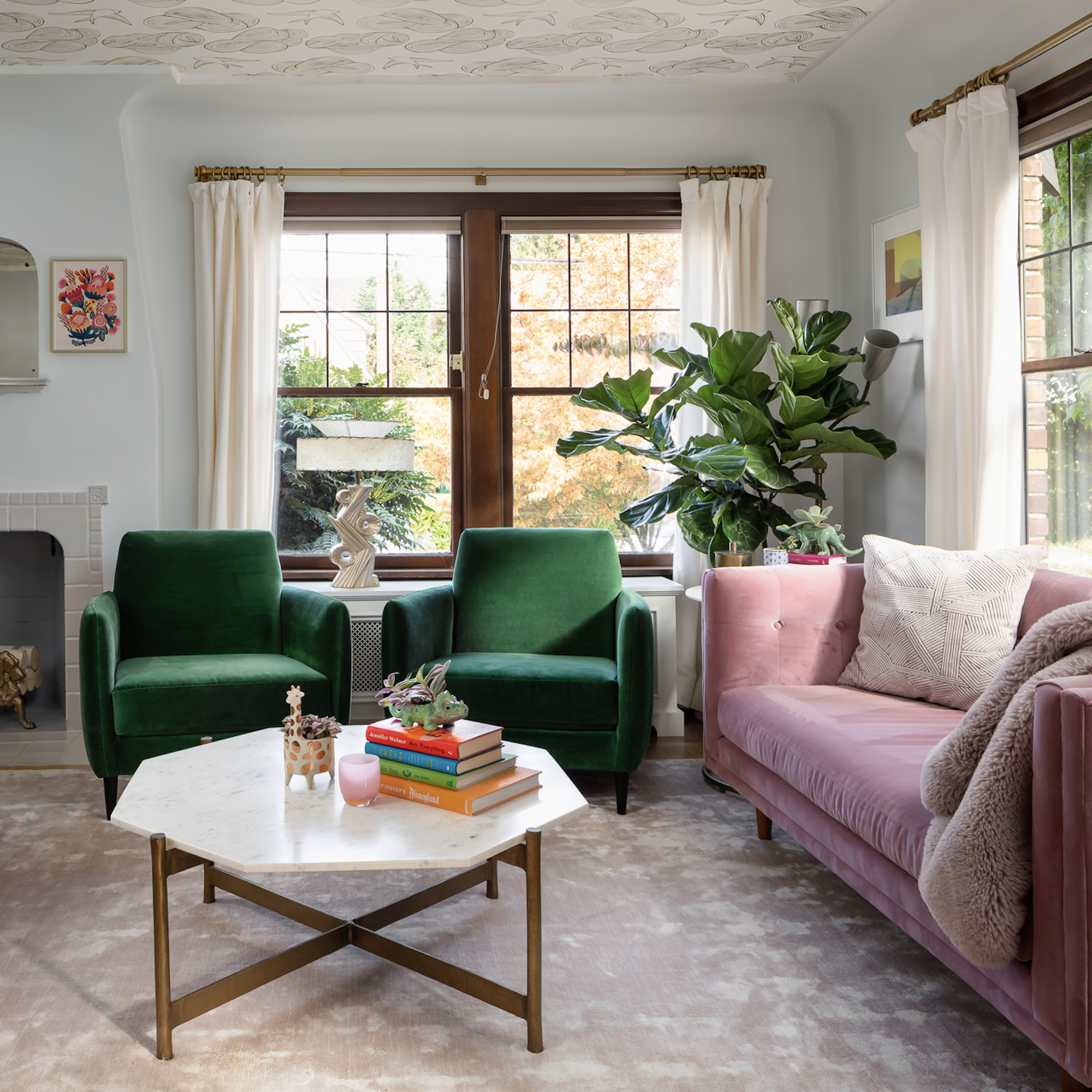 Pink Sofa and Green Velvet Chairs Seriously Happy Living Room