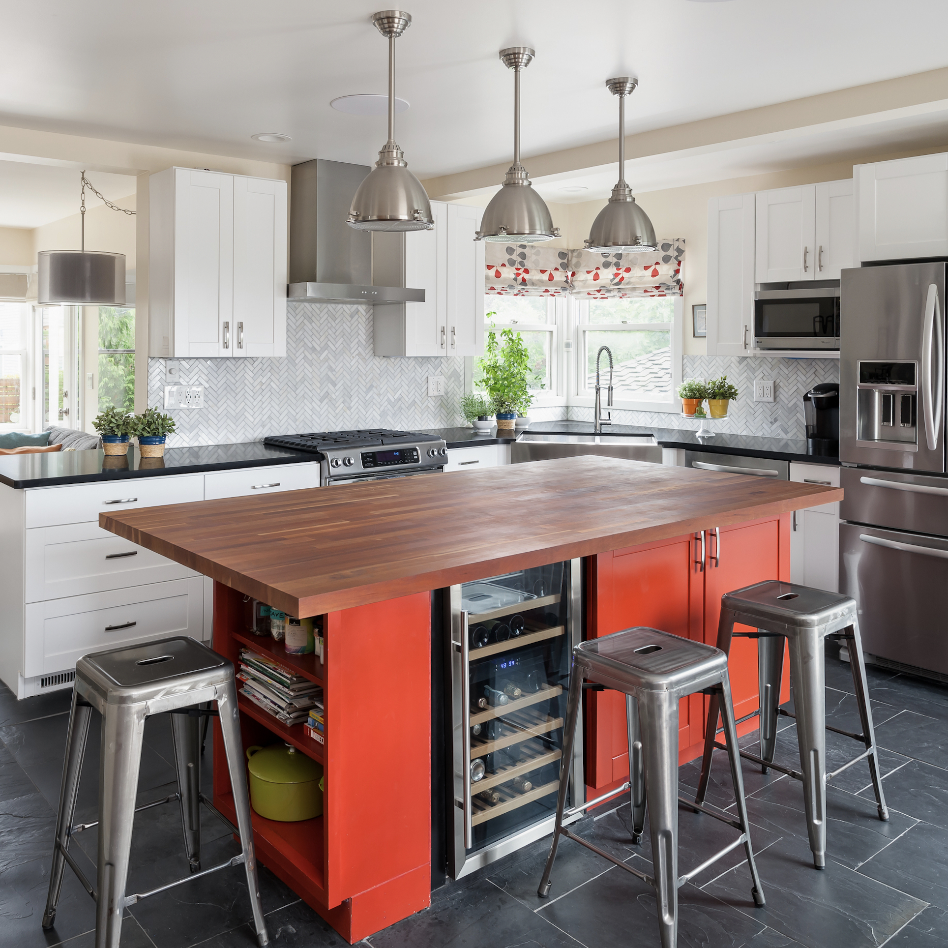 Red Kitchen Island Slate Floors Seriously Happy Kitchen Remodel