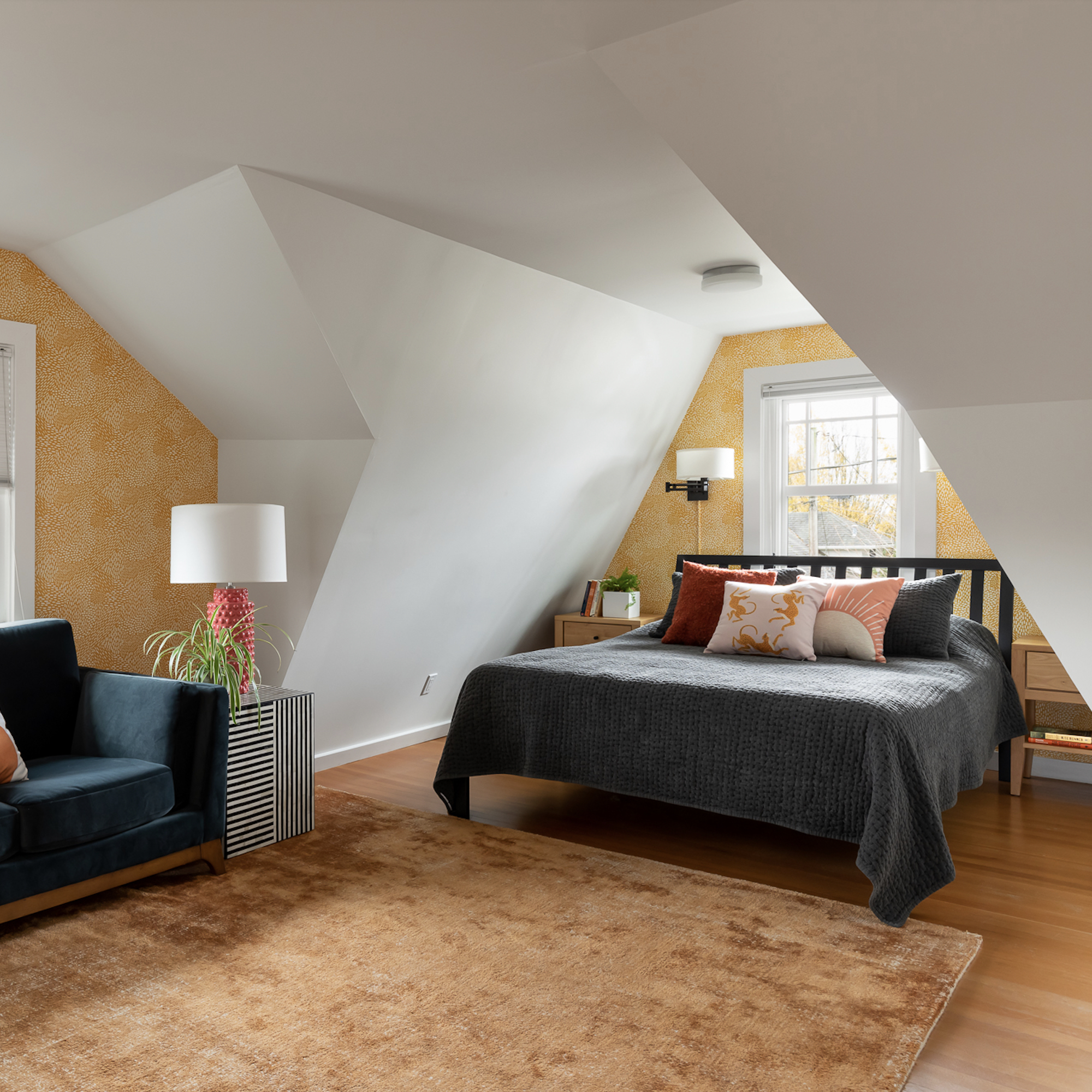 Seriously Happy Master Bedroom Suite Orange and Gray Seating Area