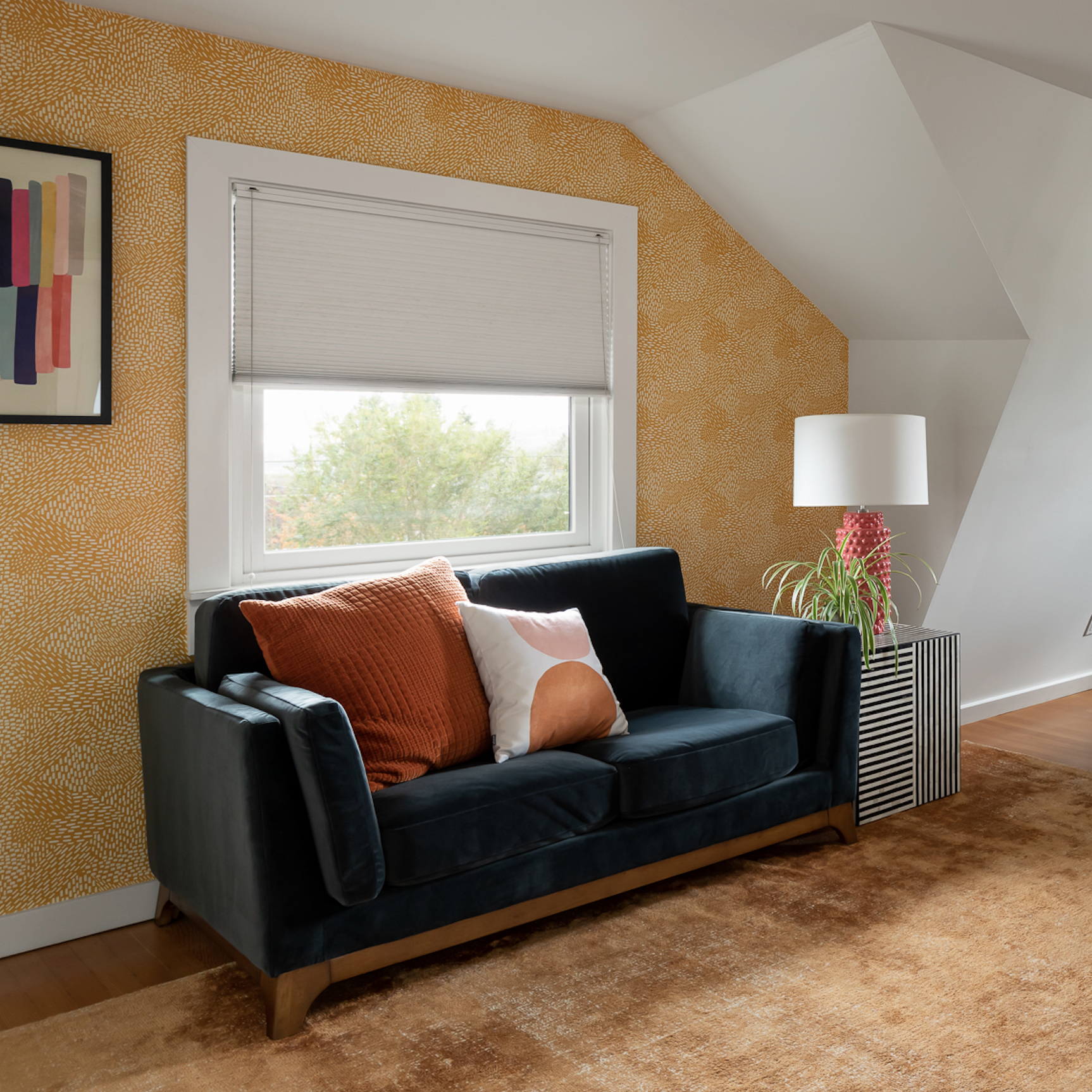 Seriously Happy Orange and Gray Seating Area Pink Lamp