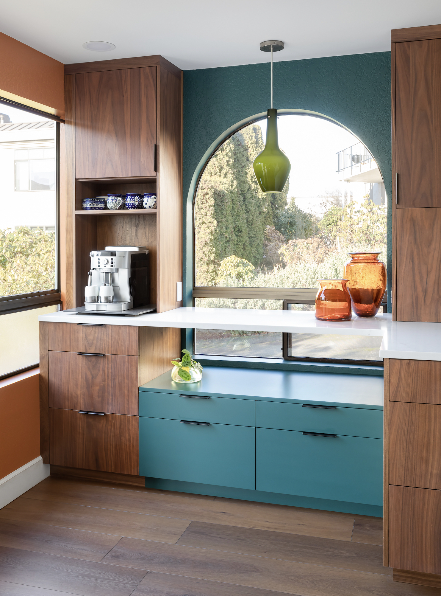 Teal Walnut Coffee Bar Counter in Front of Arched Window Seriously Happy Modern Kitchen