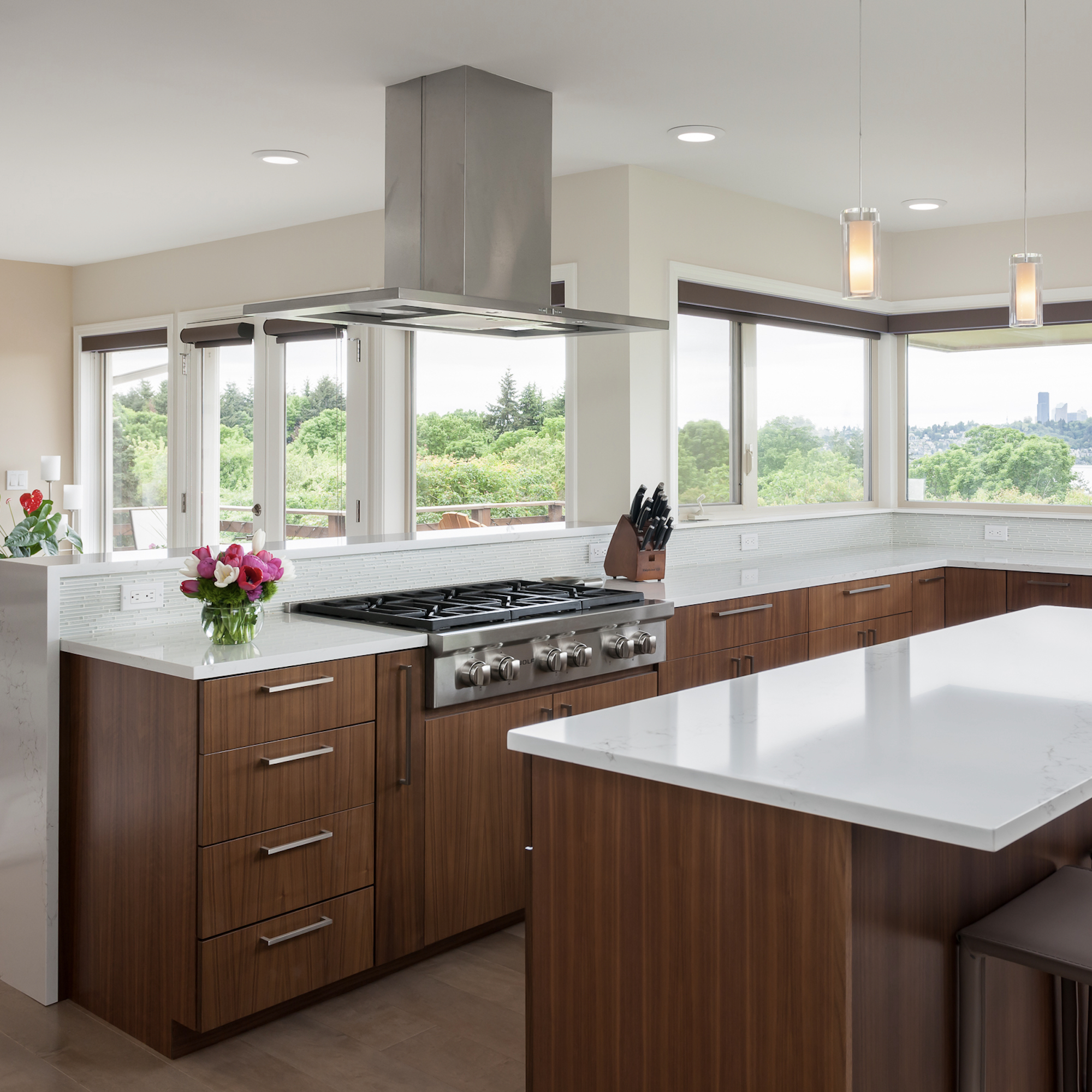 Walnut Slab Cabinets White Counters Seriously Happy Modern Kitchen Remodel