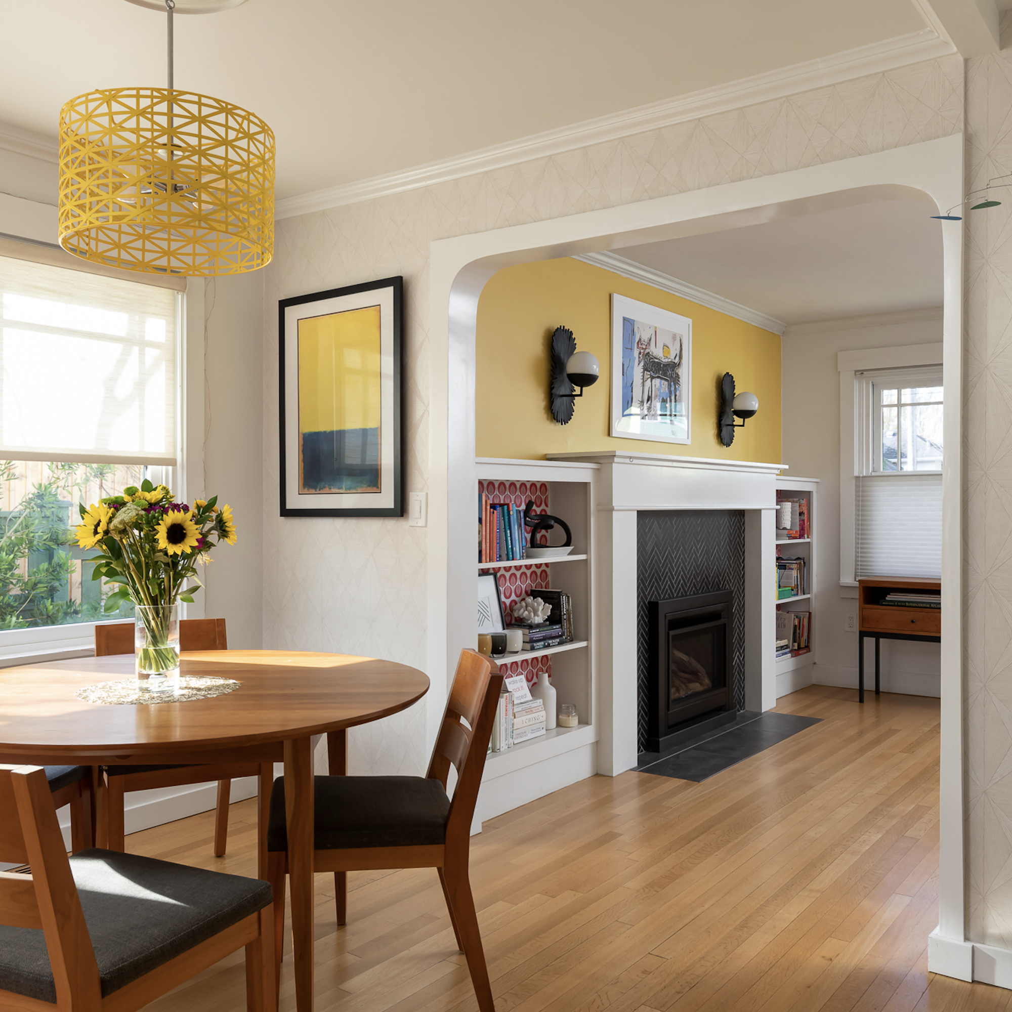 Yellow Feature Wall Yellow Dining Light Happy Fireplace Design