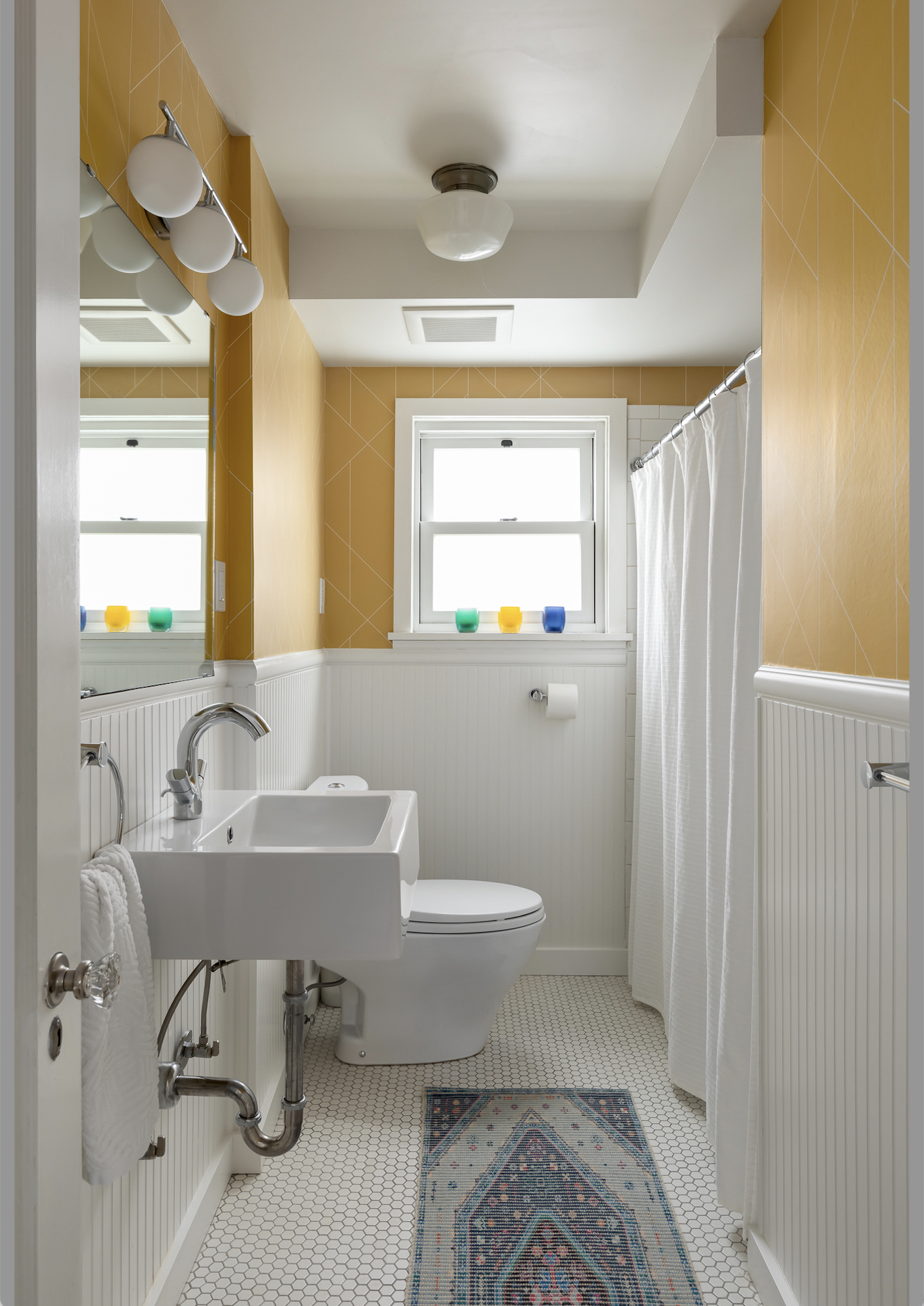 Yellow Wallpaper Bathroom White Subway Tile