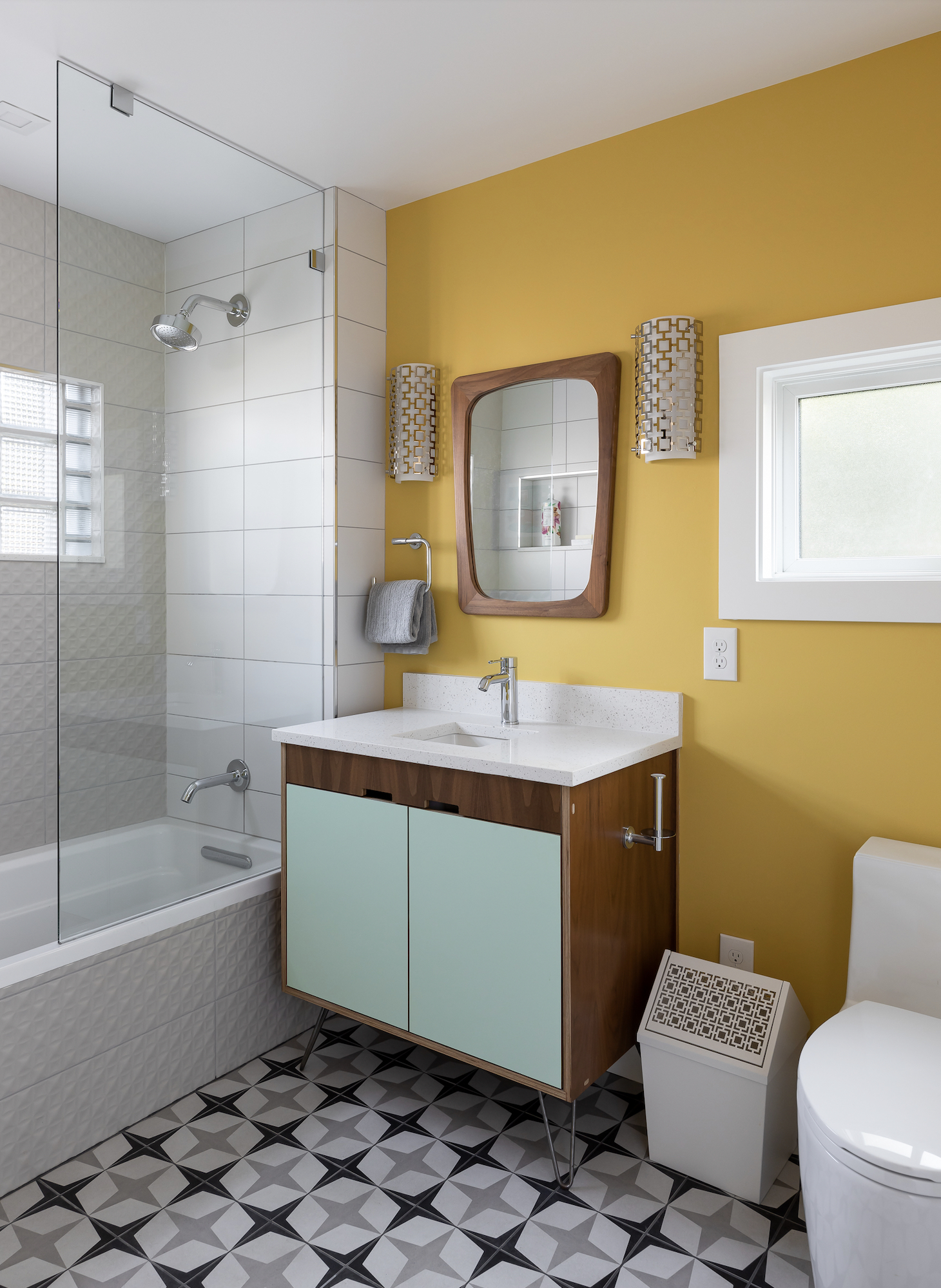 Yellow and Seafoam Seriously Happy Midcentury Bathroom