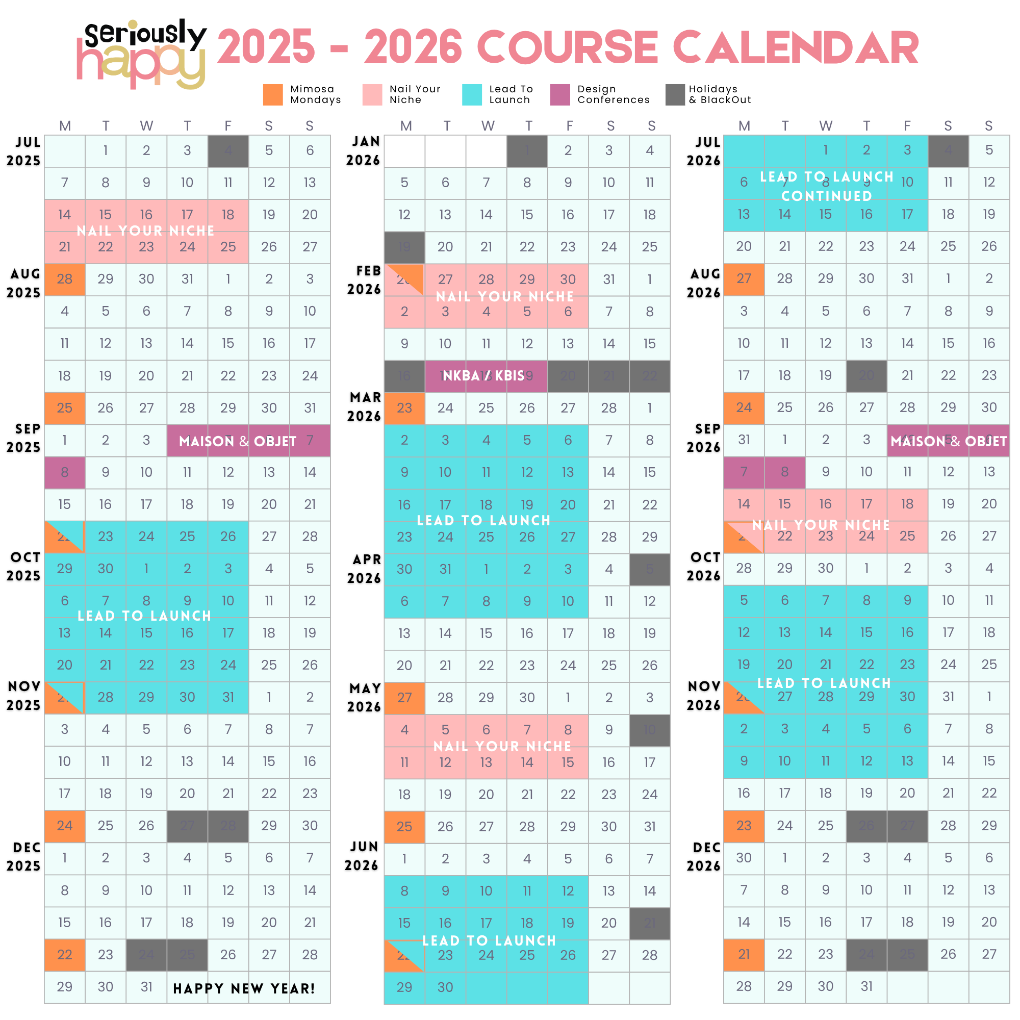 Seriously Happy Interior Design Business School Course 2025-2026 Calendar
