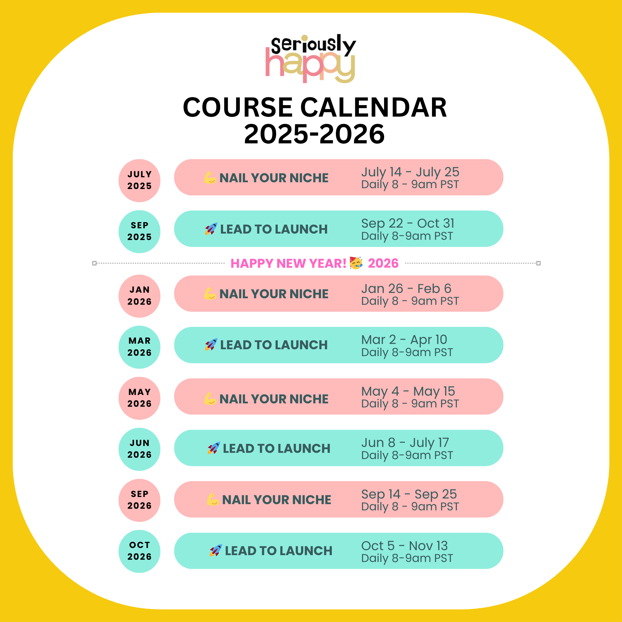 Seriously Happy Interior Design Business School Course 2025-2026 List Calendar