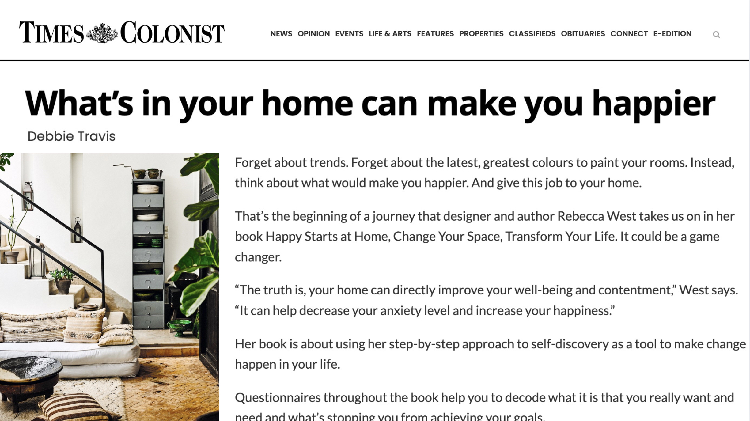 Happy Starts at Home featured in the Times Colonist by Debbie Travis. Interior designer Rebecca West shares practical design psychology tips to make your home happier and support well-being.