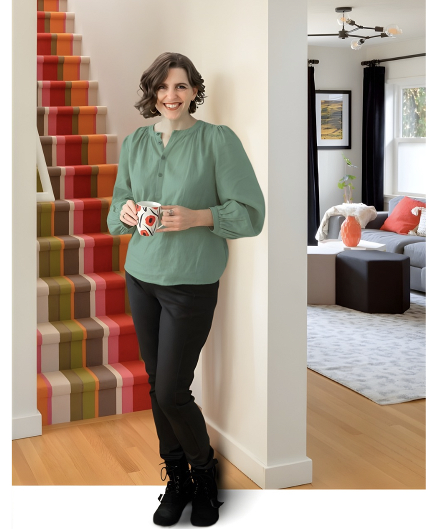 Designer Rebecca West with colorful stair runner