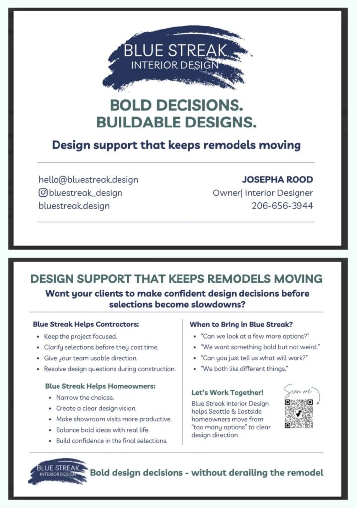 Blue Streak Interior Design contractor postcard featuring “Bold Decisions. Buildable Designs.”