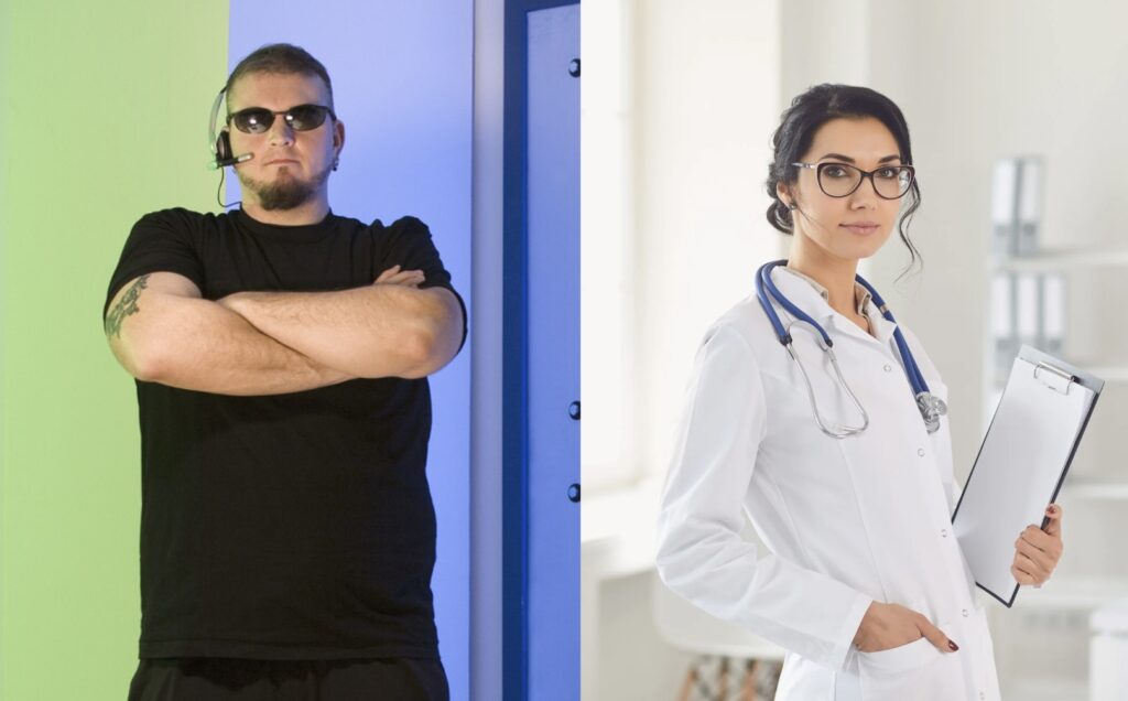 stern bouncer on left, thoughtful doctor on right